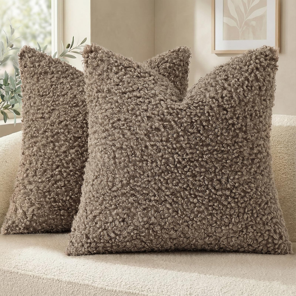 decorUhome Sherpa Throw Pillow Covers 18x18 Set of 2 Neutral Cream