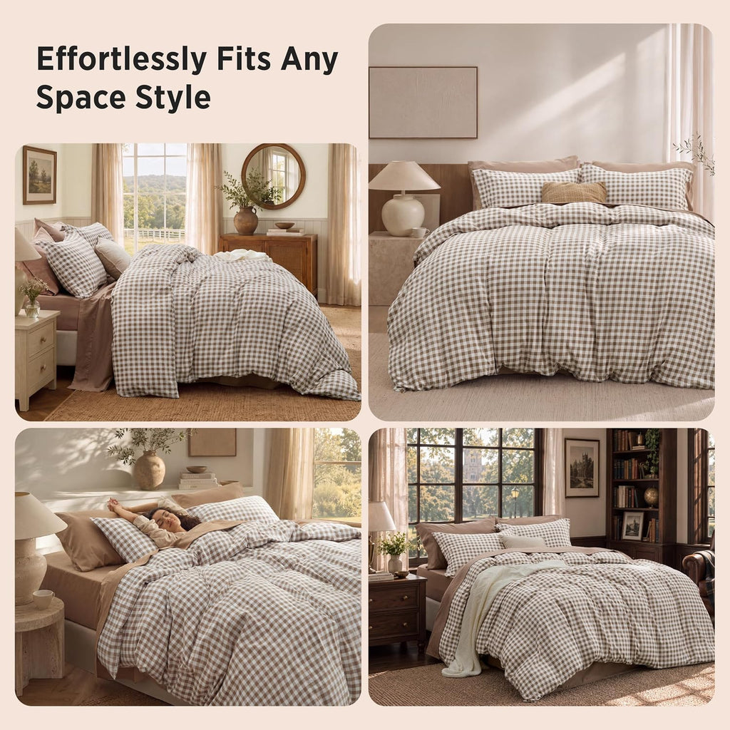 Bedsure Gingham Duvet Cover Set Cotton-Like Bedding Queen Size, Brown
