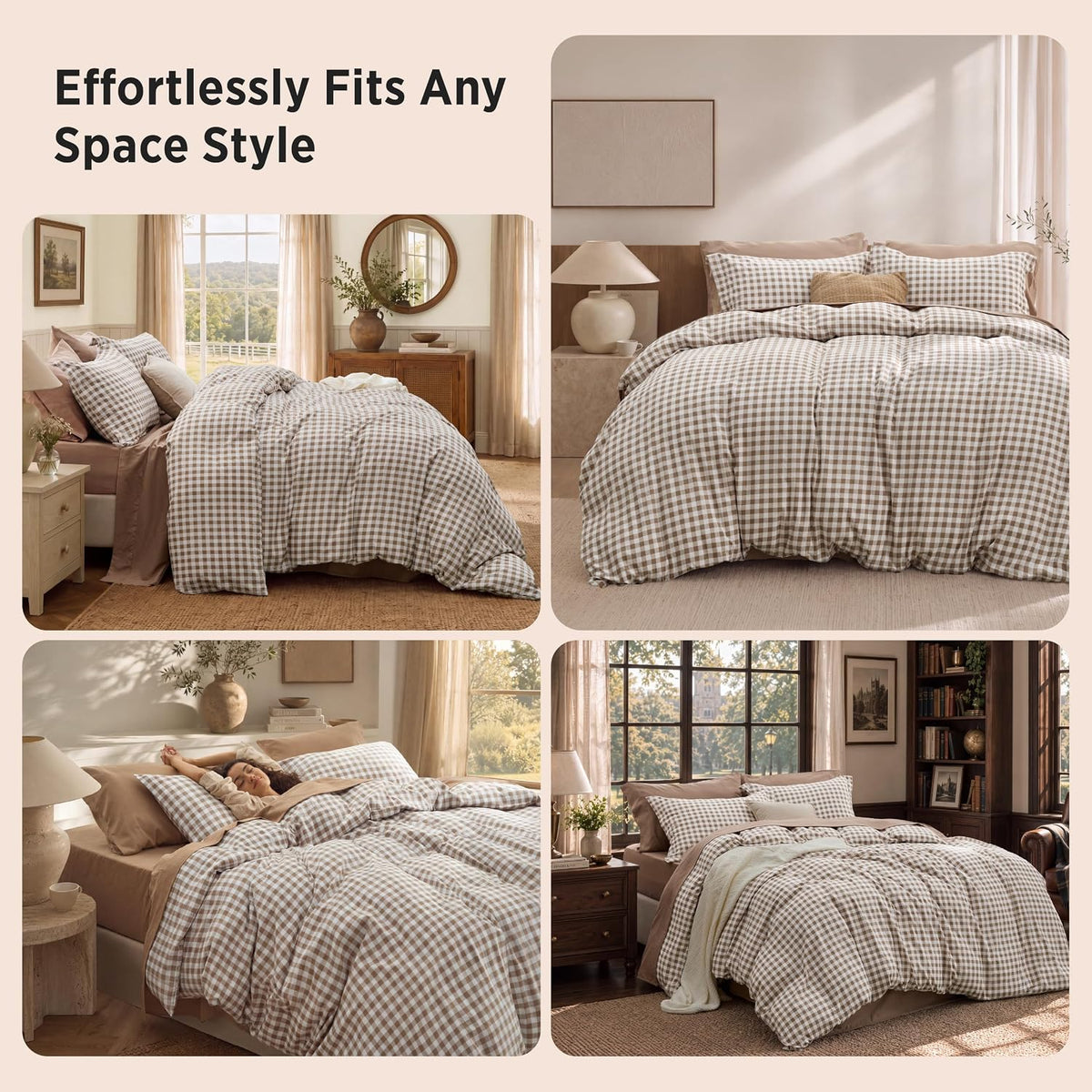 Bedsure Gingham Duvet Cover Set Cotton-Like Bedding Queen Size, Brown
