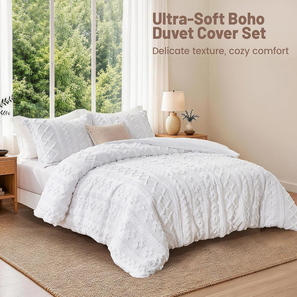 Maple&Stone Boho Duvet Cover Queen, White Tufted 3-Piece Set
