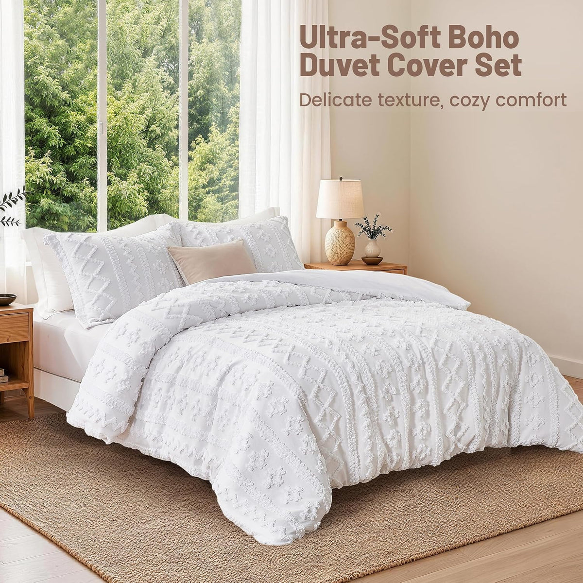 Maple&Stone Boho Duvet Cover Queen, White Tufted 3-Piece Set
