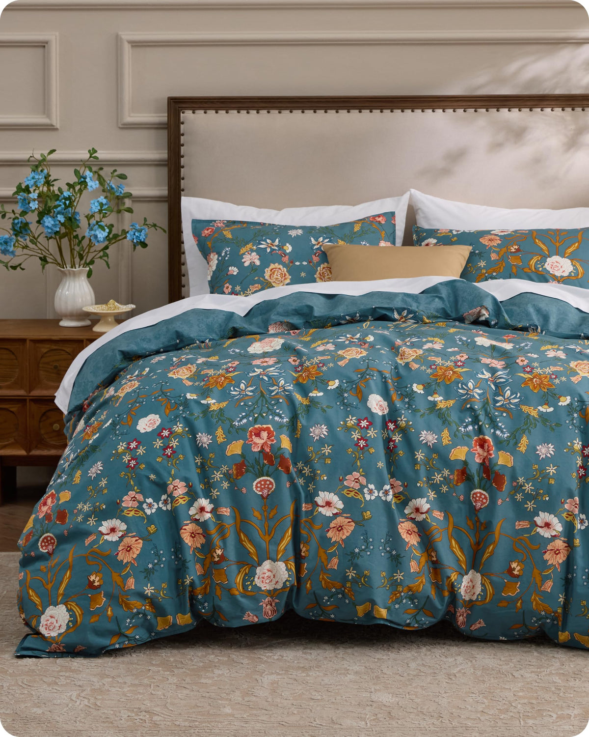 Bedsure PureWoven 100% Cotton Floral Duvet Cover Set, Queen, Green Garden