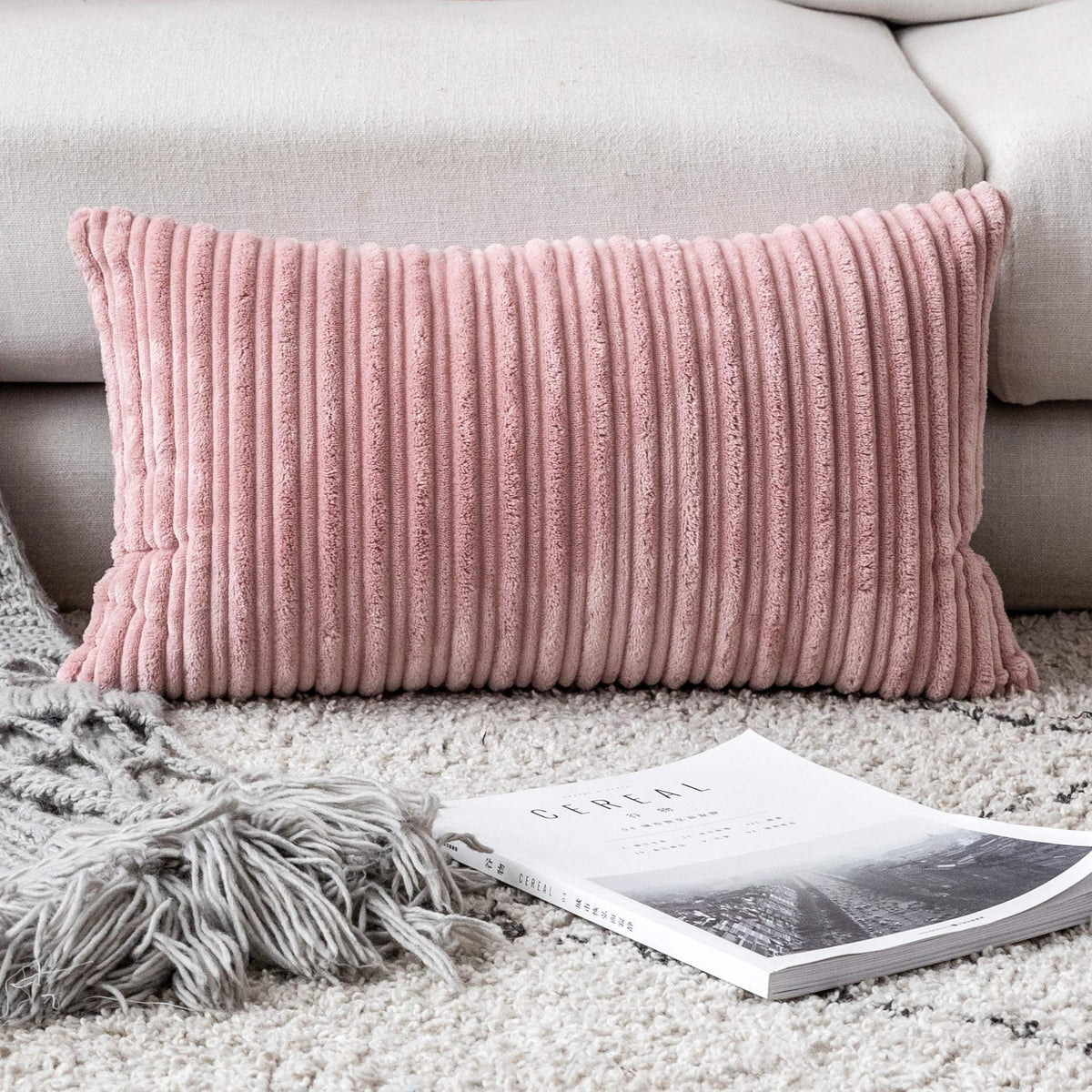 UGASA Velvet 12x20 Inch Lumbar Soft Throw Pillow Cover Boho Farmhouse Decorative Corduroy Striped Both Sides Solid Rectangular Cushion Case for Couch Bedroom Sofa Home, 1 Piece, Beige