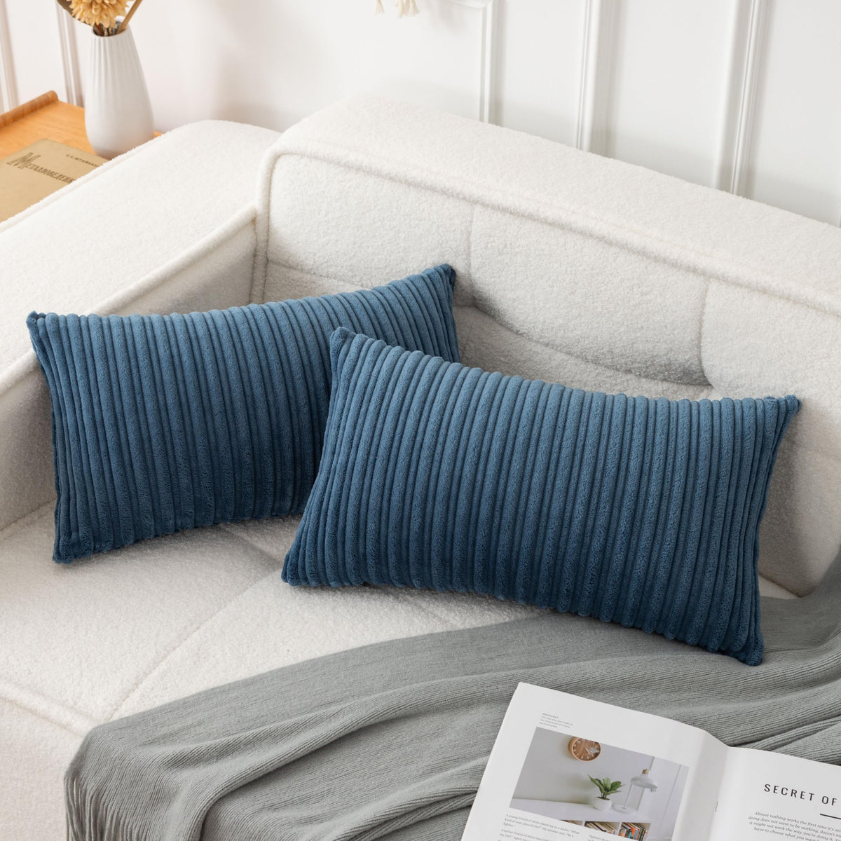 UGASA Velvet 12x20 Inch Lumbar Soft Throw Pillow Cover Boho Farmhouse Decorative Corduroy Striped Both Sides Solid Rectangular Cushion Case for Couch Bedroom Sofa Home, 1 Piece, Beige