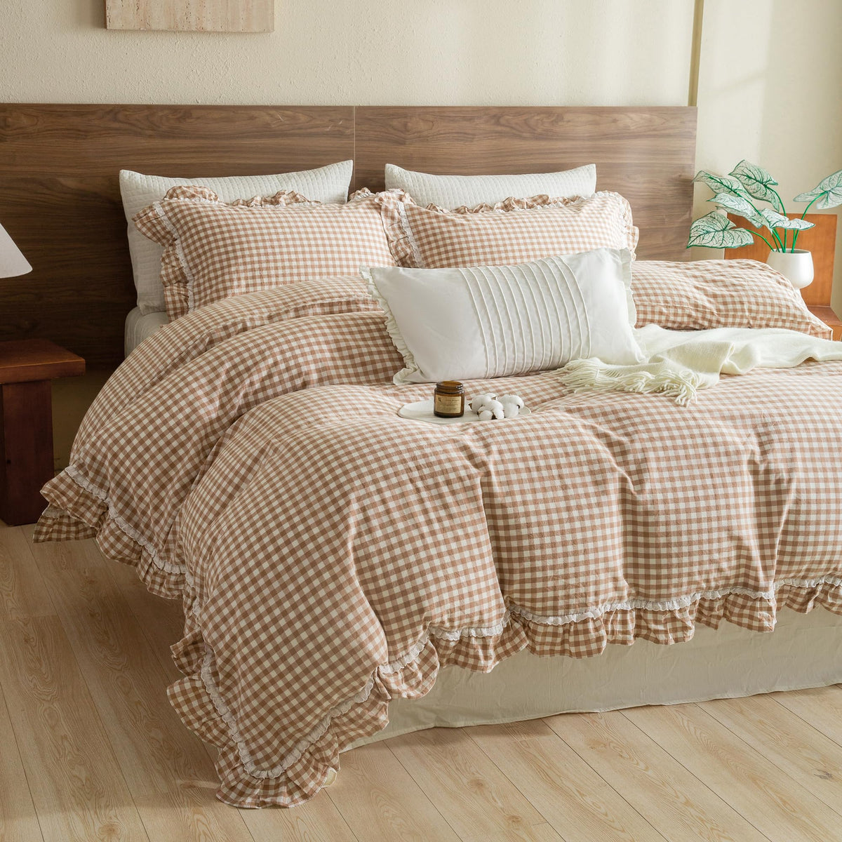 QSH Washed Cotton Duvet Cover King Ruffle Duvet Cover Linen Textured Farmhouse Shabby Vintage Chic Bedding Comforter Cover 3 PCs Aesthetic French Country Vintage King Bedding