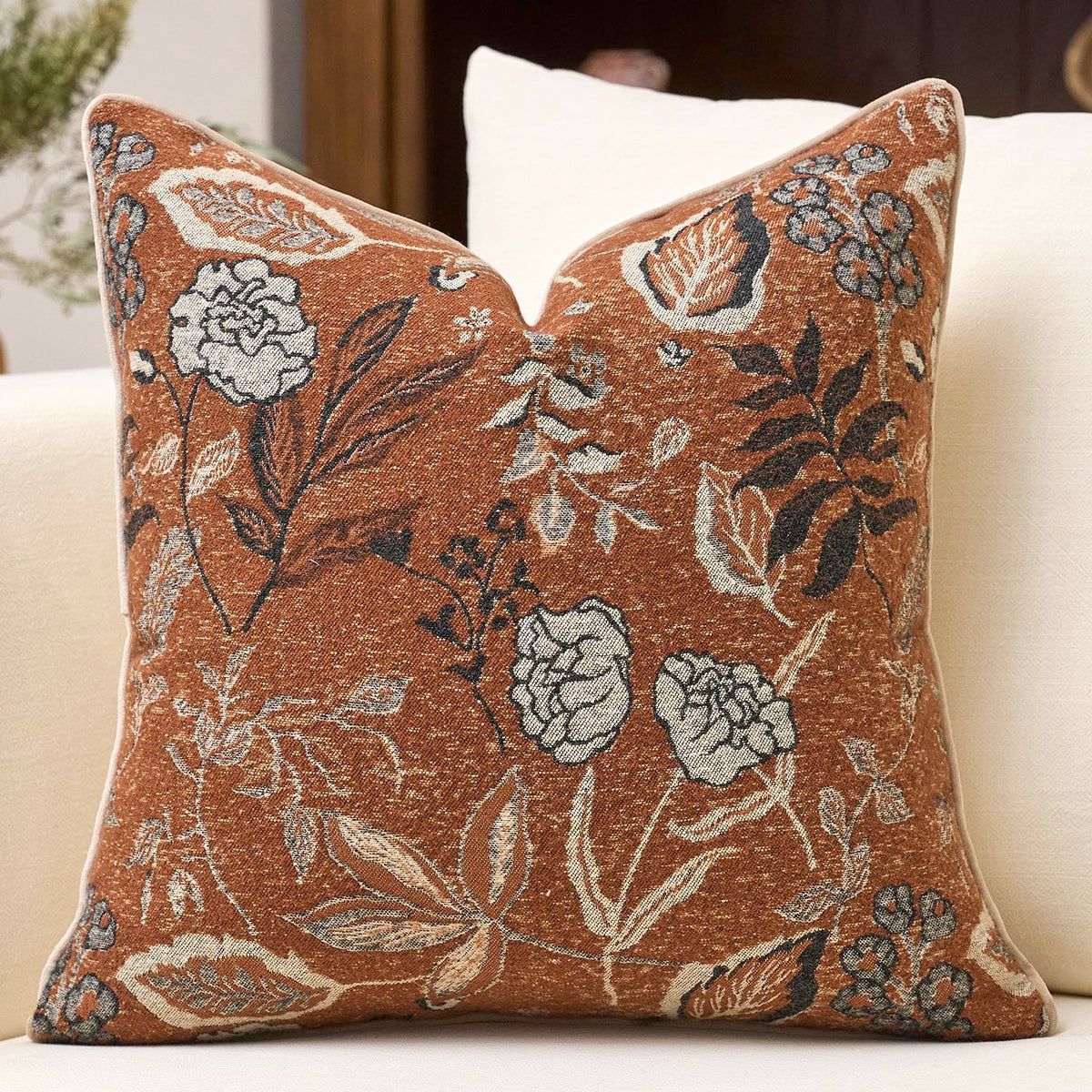 Green Floral Textured Throw Pillow Cover 18x18 Fall Vintage Rust Pillow Cover Farmhouse Summer Leaf Cushion Cover Chenille Neutral Flower Pillowcase Home Decor for Sofa Living Room Bedding
