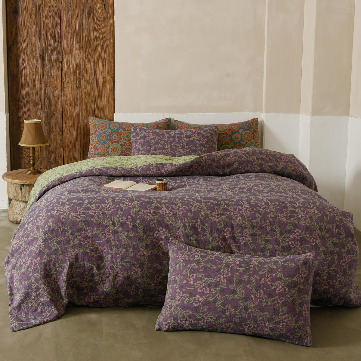 BISELINA 100% Cotton Muslin Duvet Cover Set King, 3 Pcs Yarn-Dyed Jacquard Textured Reversible Floral Design, Soft and Breathable Bedding Set with Zipper Closure, Blue Orange