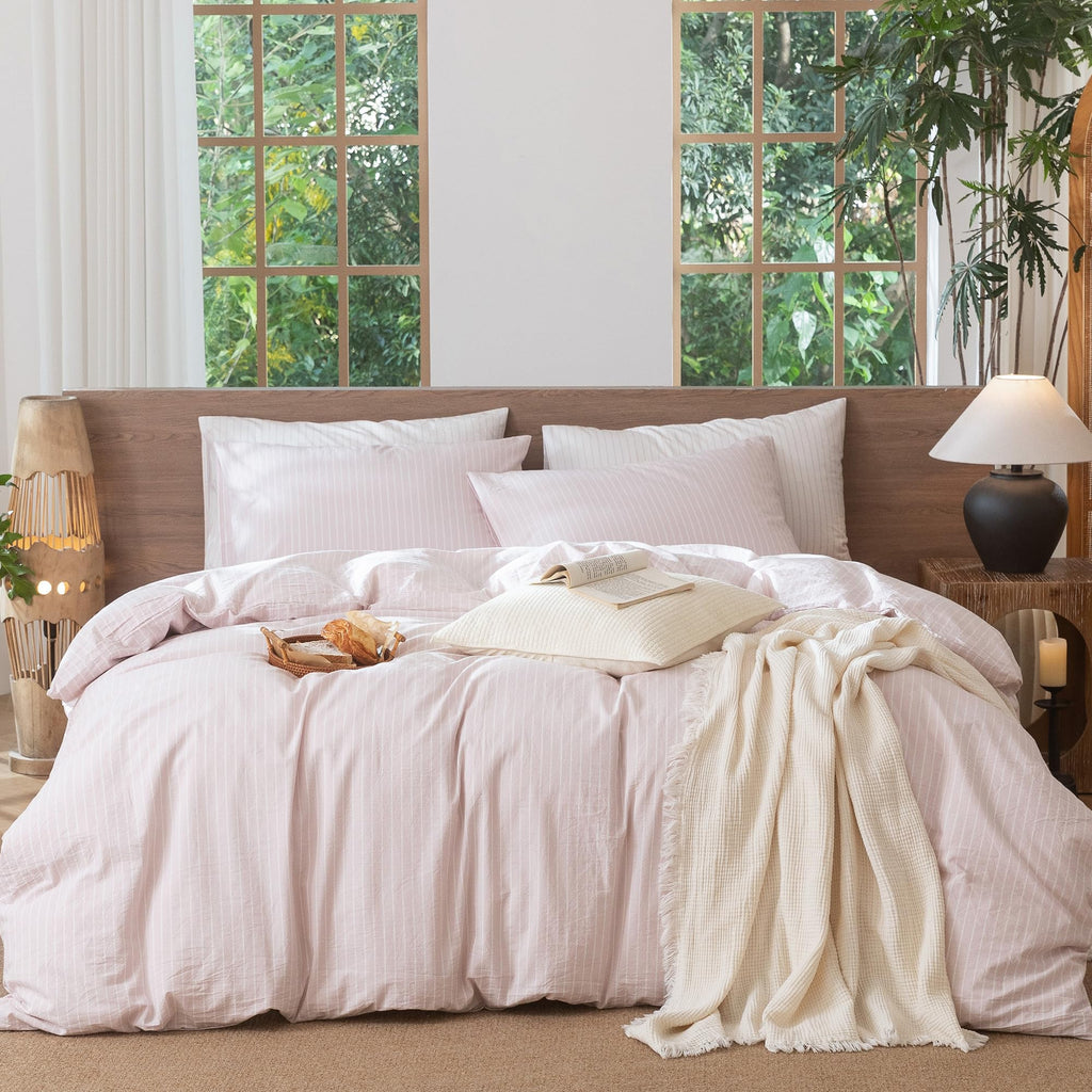 MooMee Striped Duvet Cover Set 100% Washed Cotton Linen Like Queen
