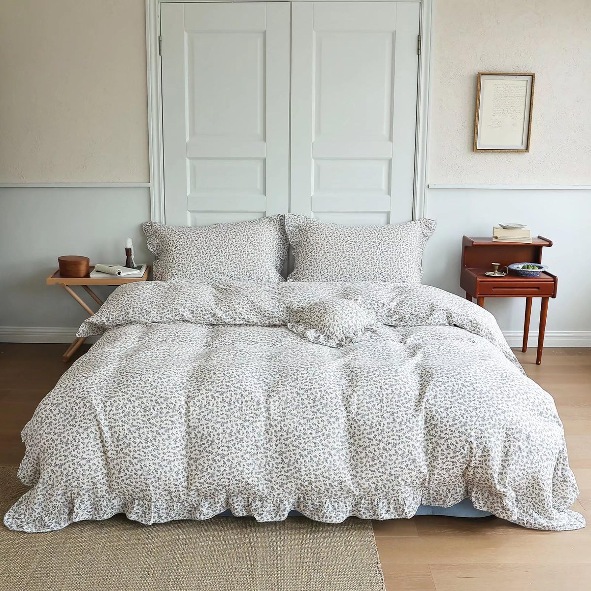 BuLuTu 100% Cotton Muslin Duvet Cover Twin for Kids Girls Boys, Shabby Chic Azalea Floral Duvet Covers Vintage Farmhouse Comforter/Quilt Cover with Ruffles, 68"x86", Zipper Closure, No Pillow