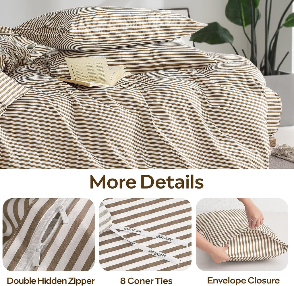 JELLYMONI 100% Cotton Classic Striped Queen Duvet Cover Set, Tan/White