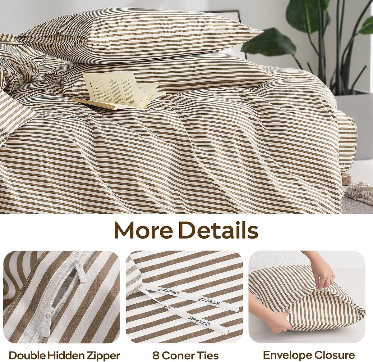 JELLYMONI 100% Cotton Classic Striped Queen Duvet Cover Set, Tan/White