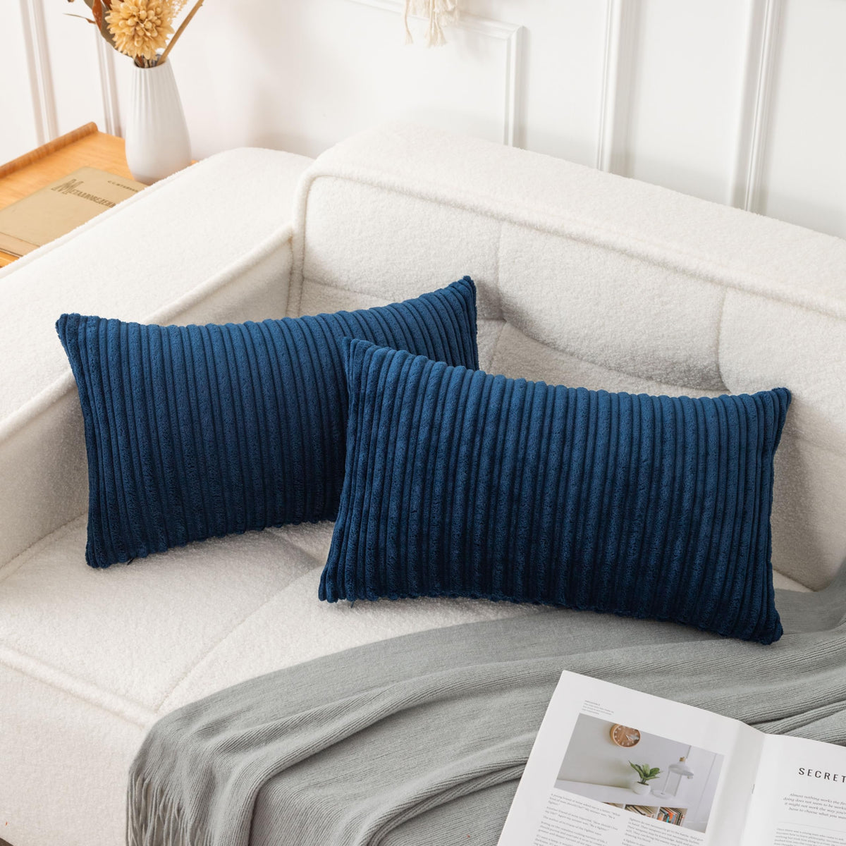 UGASA Velvet 12x20 Inch Lumbar Soft Throw Pillow Cover Boho Farmhouse Decorative Corduroy Striped Both Sides Solid Rectangular Cushion Case for Couch Bedroom Sofa Home, 1 Piece, Beige