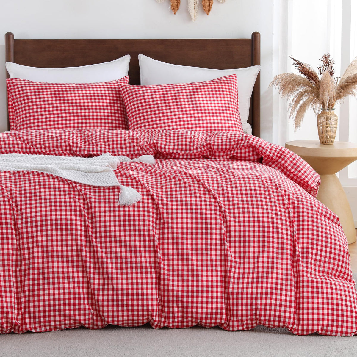 Cotton Brown Gingham Duvet Cover Bedding Set Linen Like, Queen