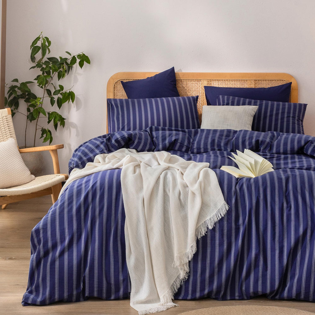 BESTOUCH Cotton Solid Duvet Cover Set Linen Feel Cornflower Blue King
