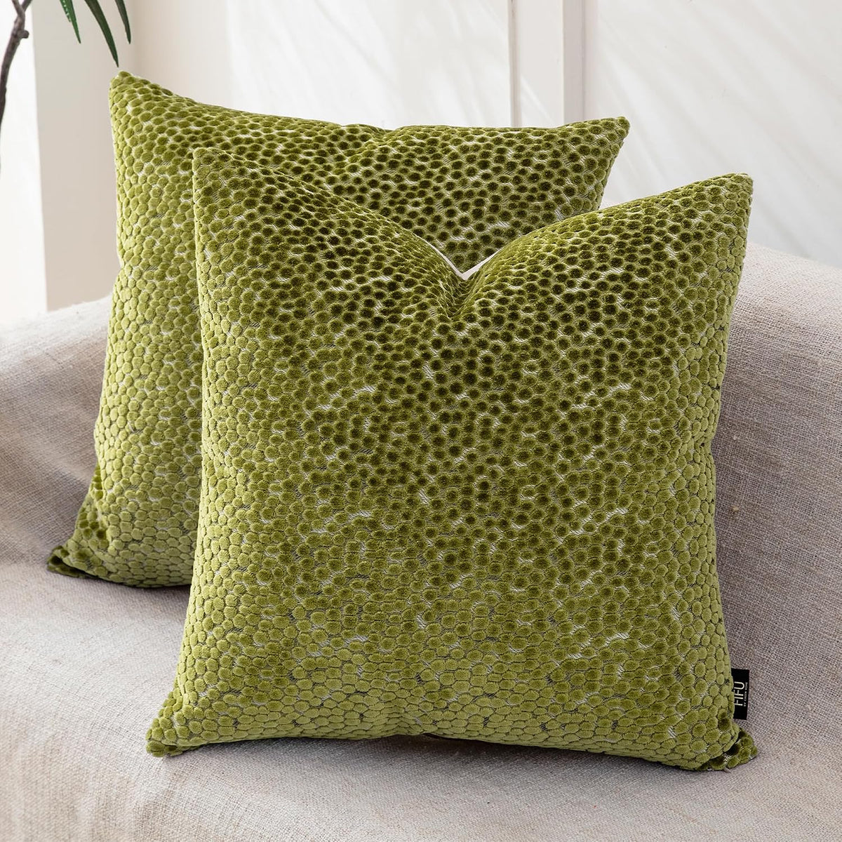 FIFU 18x18 Inch Throw Pillow Covers Set of 2, Jacquard Velvet, Olive Green