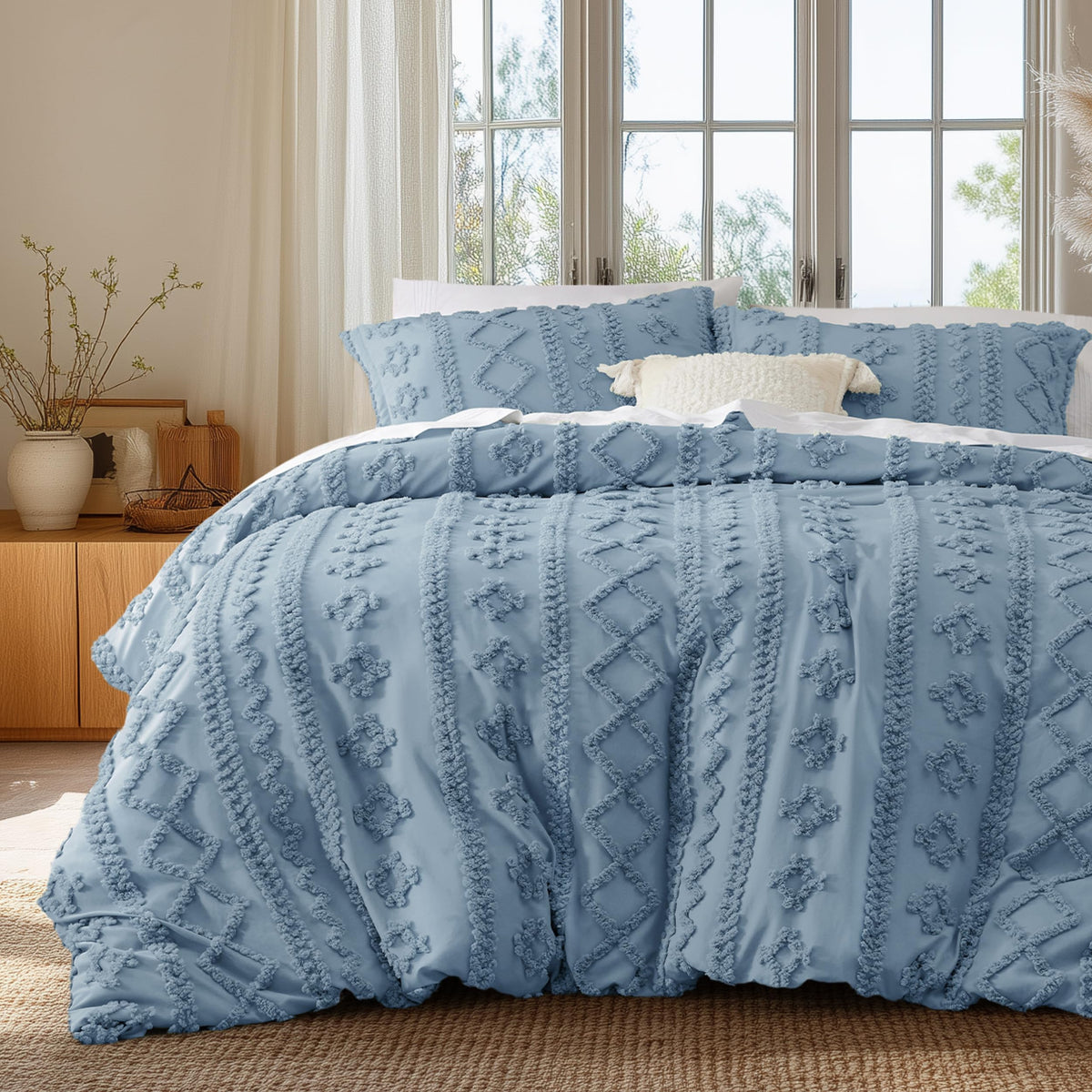 Bedsure Boho Cal King Duvet Cover, Tufted Embroidery, 3-Piece, Beige