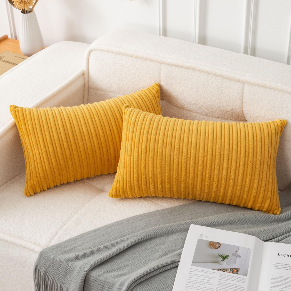UGASA Velvet 12x20 Inch Lumbar Soft Throw Pillow Cover Boho Farmhouse Decorative Corduroy Striped Both Sides Solid Rectangular Cushion Case for Couch Bedroom Sofa Home, 1 Piece, Beige