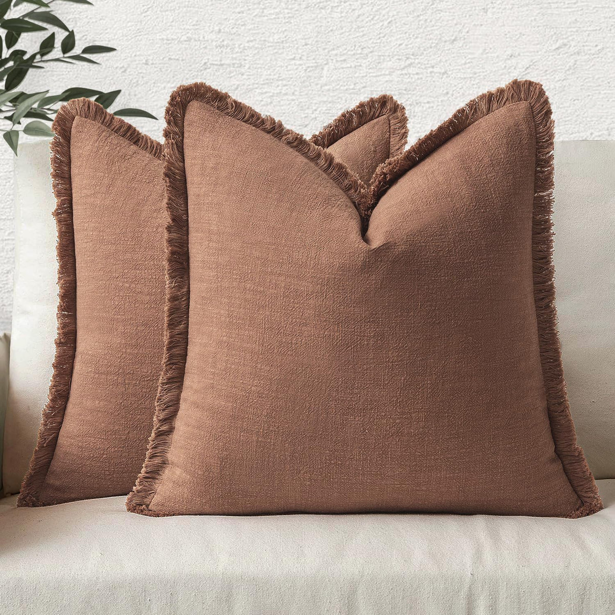 MIULEE Boho Linen Fringe Decorative Throw Pillow Covers Olive Green 20x20