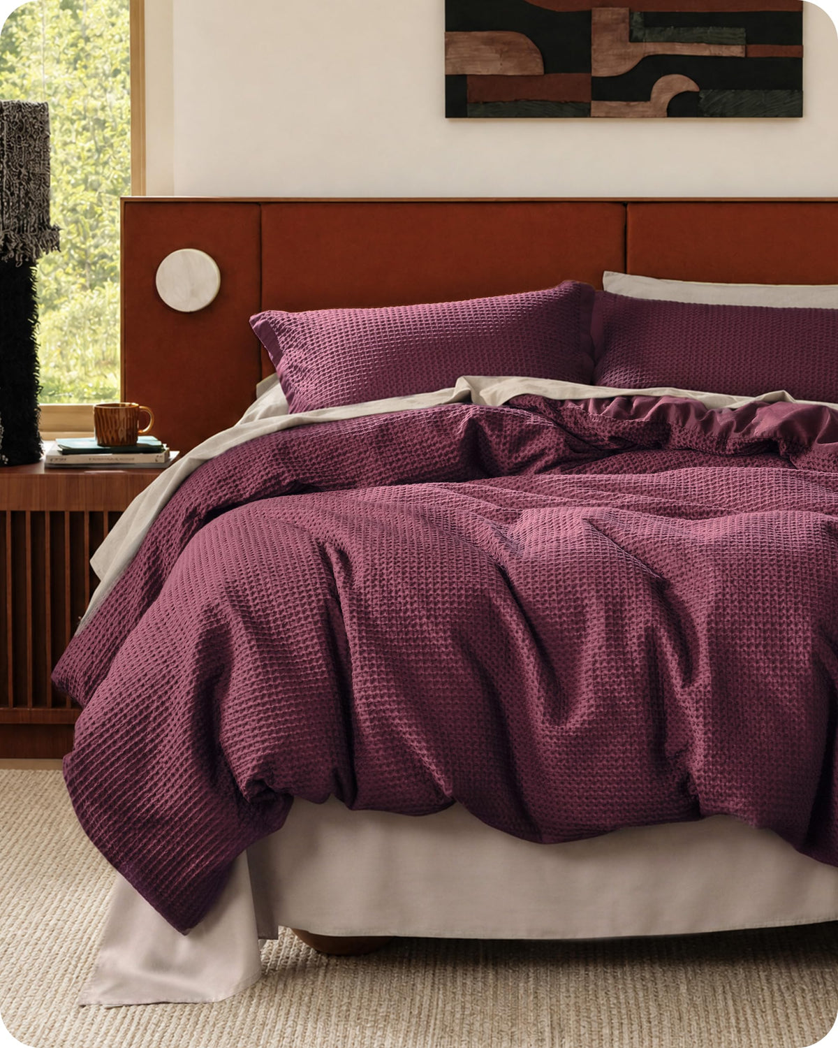 Bedsure PureWoven 3 Pieces 100% Cotton Waffle Duvet Cover Set, King, Linen