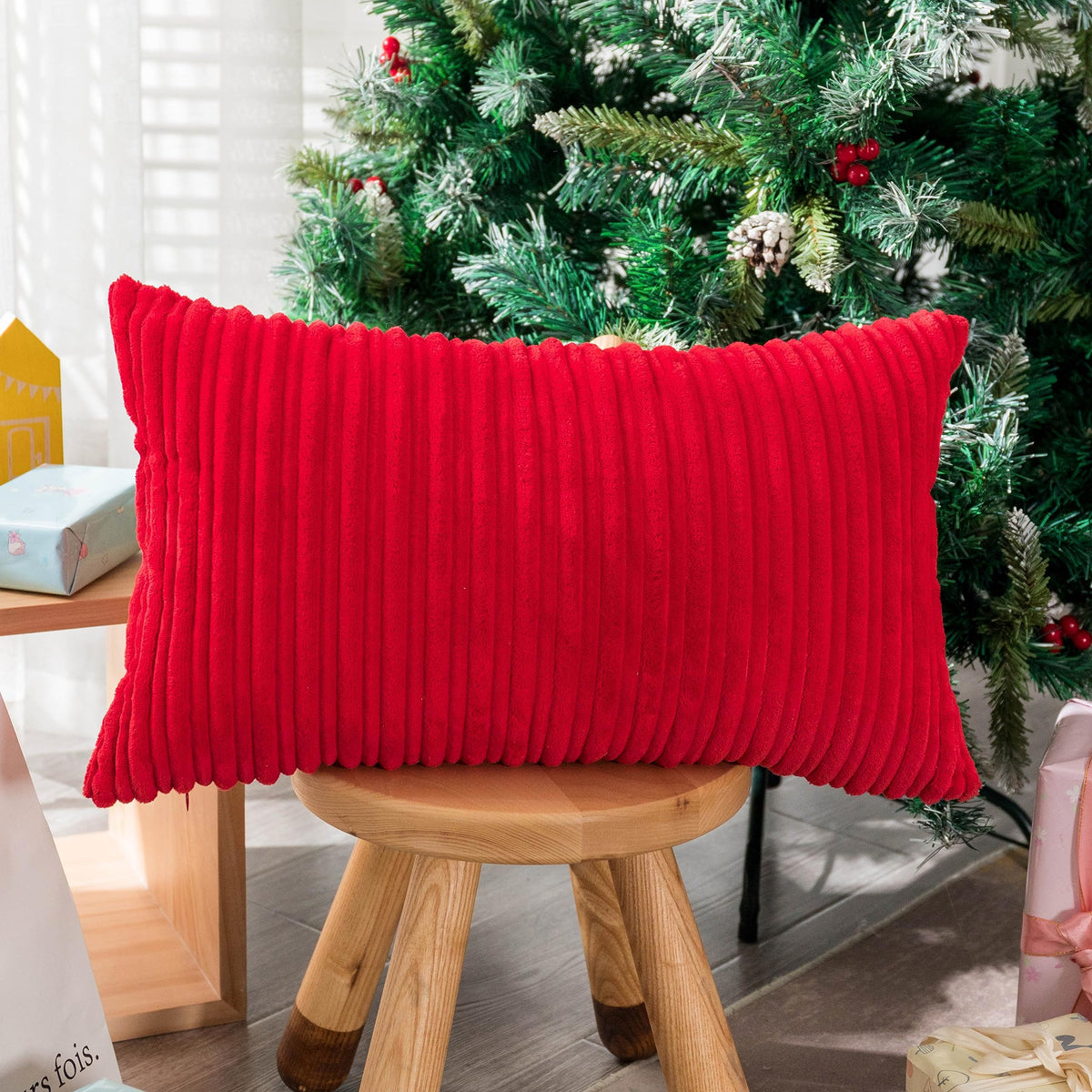 UGASA Velvet 12x20 Inch Lumbar Soft Throw Pillow Cover Boho Farmhouse Decorative Corduroy Striped Both Sides Solid Rectangular Cushion Case for Couch Bedroom Sofa Home, 1 Piece, Beige