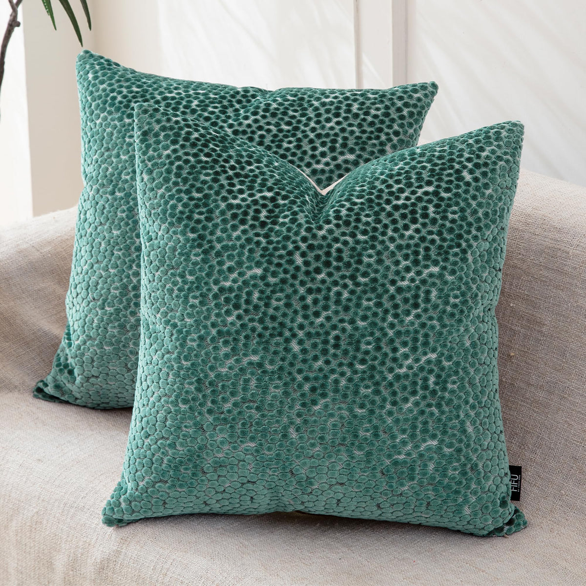 FIFU 18x18 Inch Throw Pillow Covers Set of 2, Jacquard Velvet, Olive Green