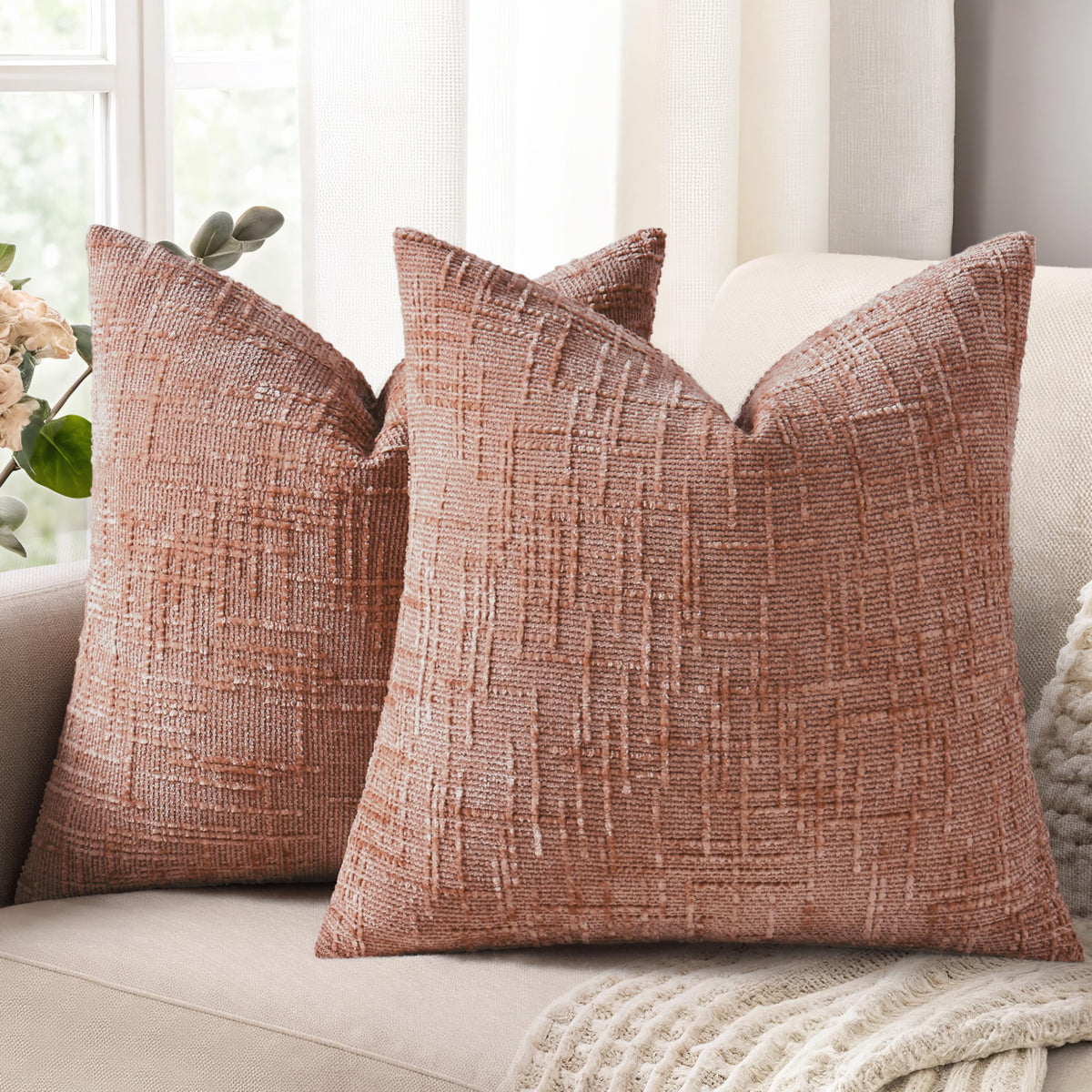 decorUhome Textured Chenille Throw Pillow Covers 18x18 Set of 2 Rust