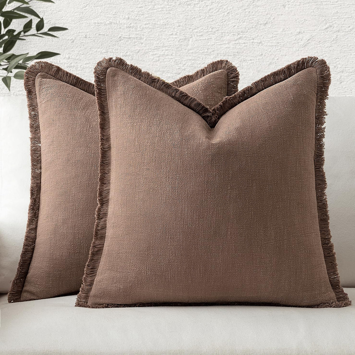 MIULEE Boho Linen Fringe Decorative Throw Pillow Covers Olive Green 20x20