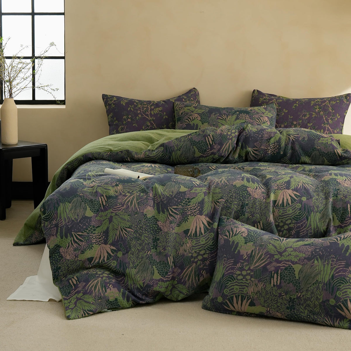 BISELINA 100% Cotton Muslin Duvet Cover Set King, 3 Pcs Yarn-Dyed Jacquard Textured Reversible Floral Design, Soft and Breathable Bedding Set with Zipper Closure, Blue Orange