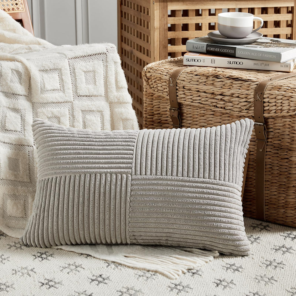 Fancy Homi Blush Pink Lumbar Decorative Throw Pillow Covers 12x20 Inch for Living Room Couch Bed, Rustic Farmhouse Boho Home Decor, Soft Striped Corduroy Rectangle Accent Cushion Case 30x50 cm