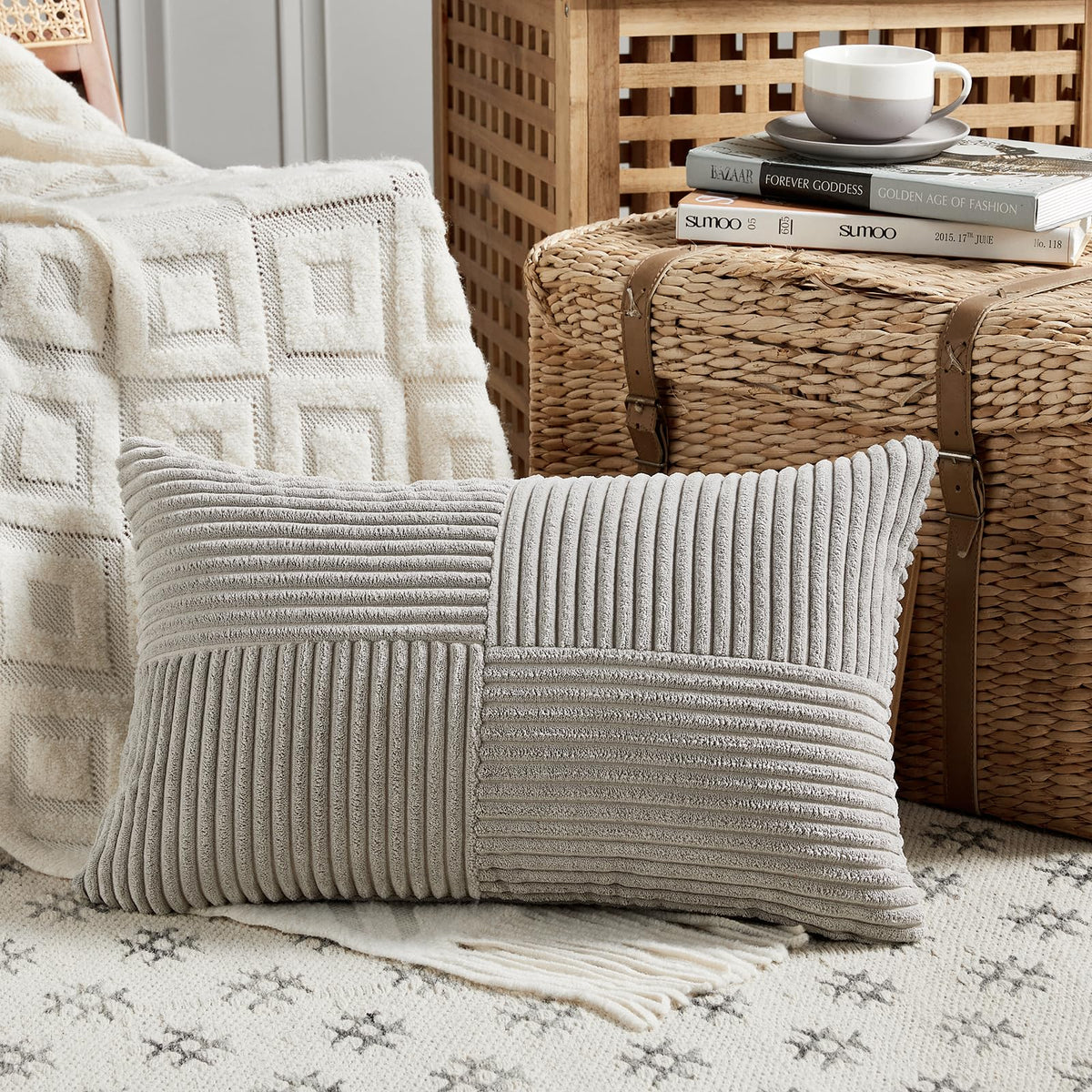 Fancy Homi Blush Pink Lumbar Decorative Throw Pillow Covers 12x20 Inch for Living Room Couch Bed, Rustic Farmhouse Boho Home Decor, Soft Striped Corduroy Rectangle Accent Cushion Case 30x50 cm