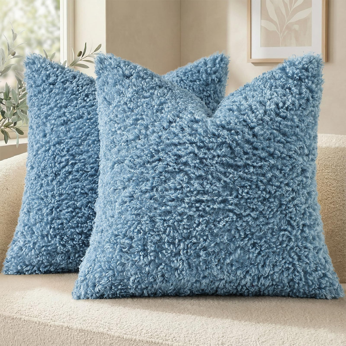 decorUhome Sherpa Throw Pillow Covers 18x18 Set of 2 Neutral Cream
