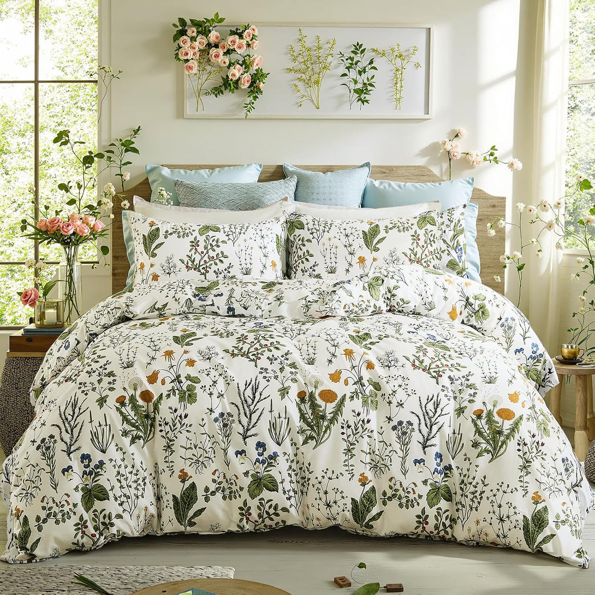 Duvet Cover Queen Size - 100% Cotton Reversible Floral Queen Duvet Cover Set with Zipper Closure, 3 Pieces Soft & Breathable Green Bedding Set for All Seasons