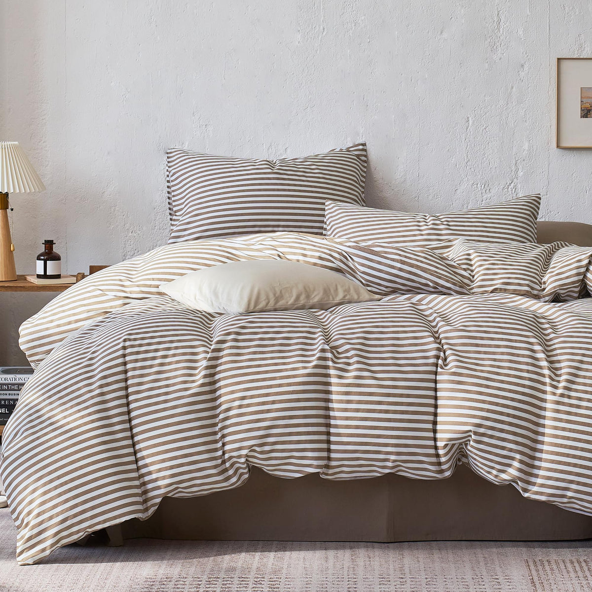 JELLYMONI 100% Cotton Classic Striped Queen Duvet Cover Set, Tan/White