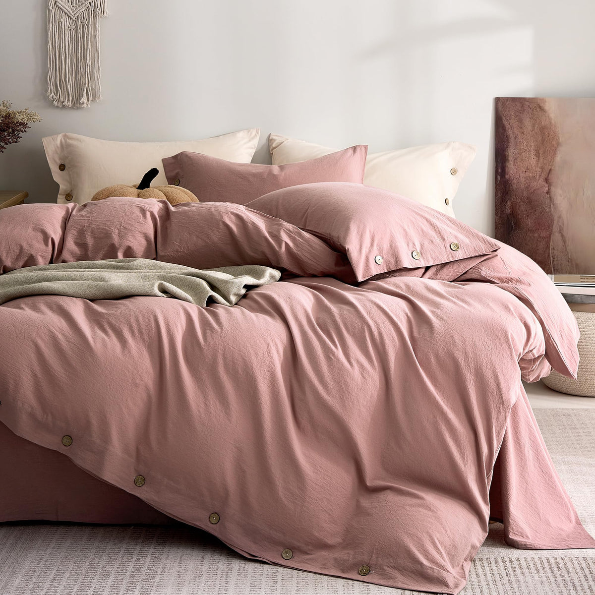 JELLYMONI 100% Washed Cotton Striped Duvet Cover Set King, Linen-Like