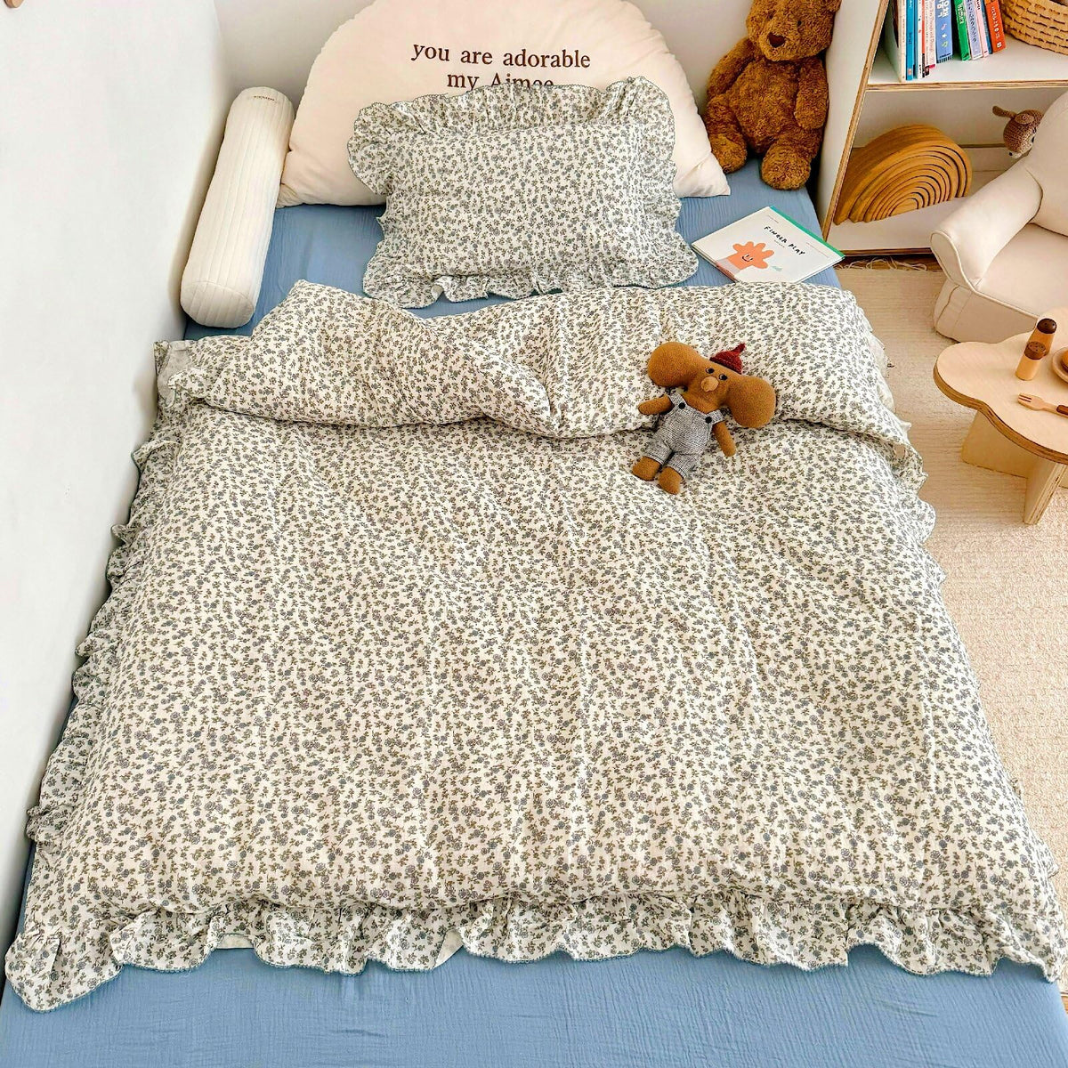 BuLuTu 100% Cotton Muslin Duvet Cover Twin for Kids Girls Boys, Shabby Chic Azalea Floral Duvet Covers Vintage Farmhouse Comforter/Quilt Cover with Ruffles, 68"x86", Zipper Closure, No Pillow