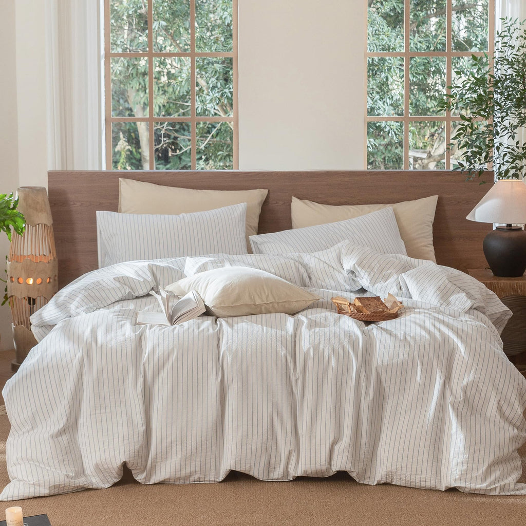 MooMee Striped Duvet Cover Set 100% Washed Cotton Linen Like Queen
