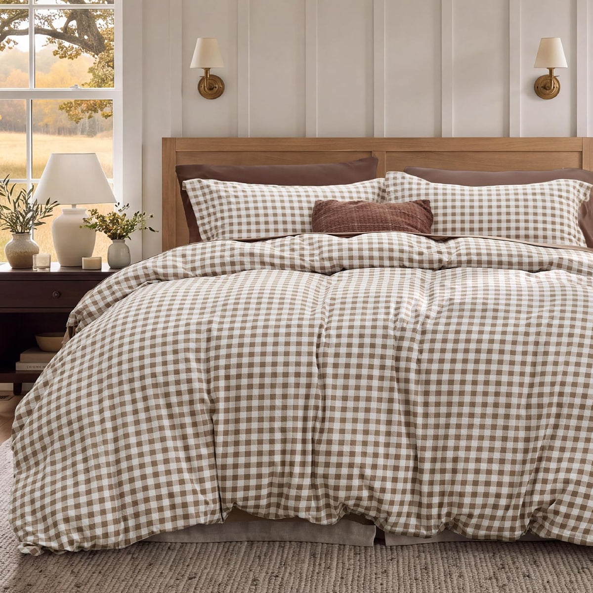 Bedsure Gingham Duvet Cover Set Cotton-Like Bedding Queen Size, Brown