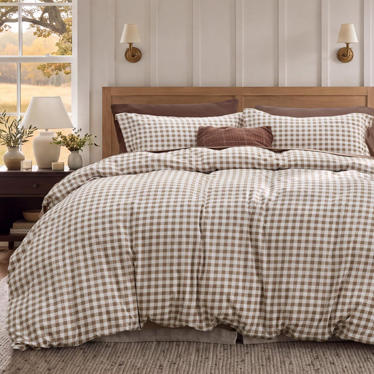 Bedsure Gingham Duvet Cover Set Cotton-Like Bedding Queen Size, Brown