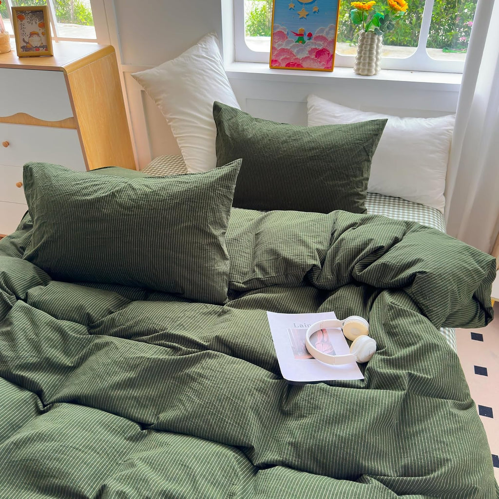 PinkMemory Green Striped Duvet Cover Queen 100% Washed Cotton Olive Green Stripes Duvet Cover Set Full 3pcs Pinstripe Pattern Bedding Set with Zipper Closure Corner Ties,Soft Breathable