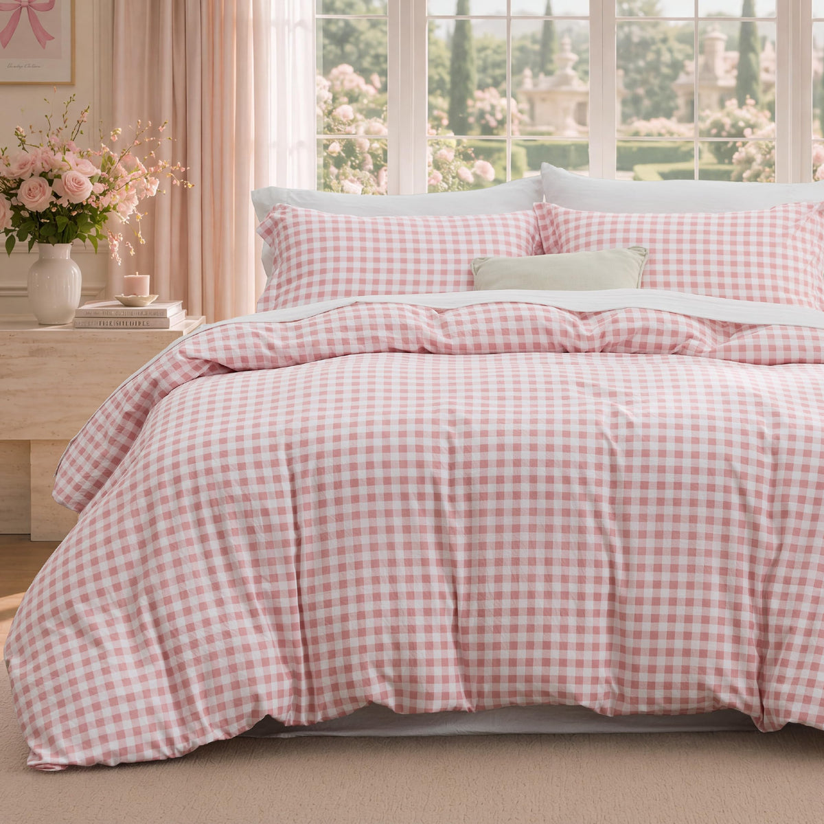 Bedsure Gingham Duvet Cover Set Cotton-Like Bedding Queen Size, Brown