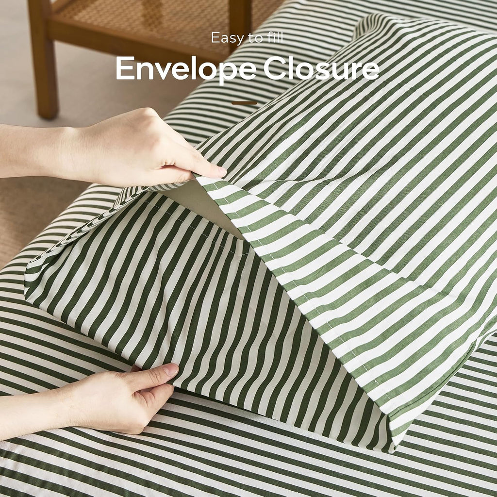 JELLYMONI Cotton Classic Striped Pillowcases Set of 2, Green, Queen
