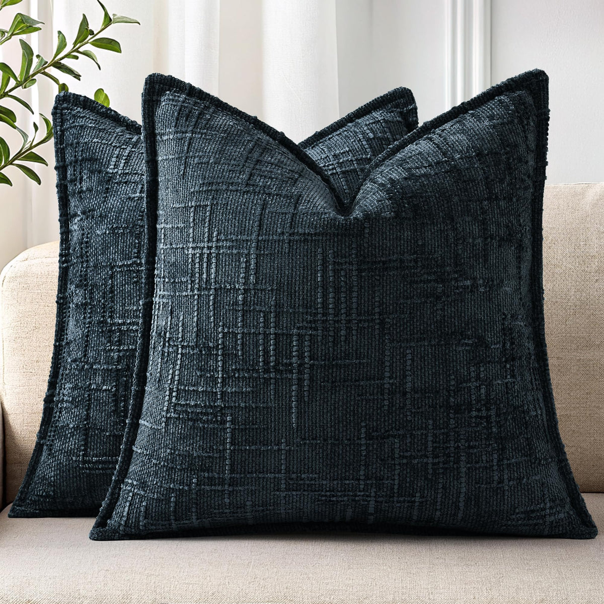 decorUhome Chenille Decorative Throw Pillow Covers 18x18 Set of 2, Navy