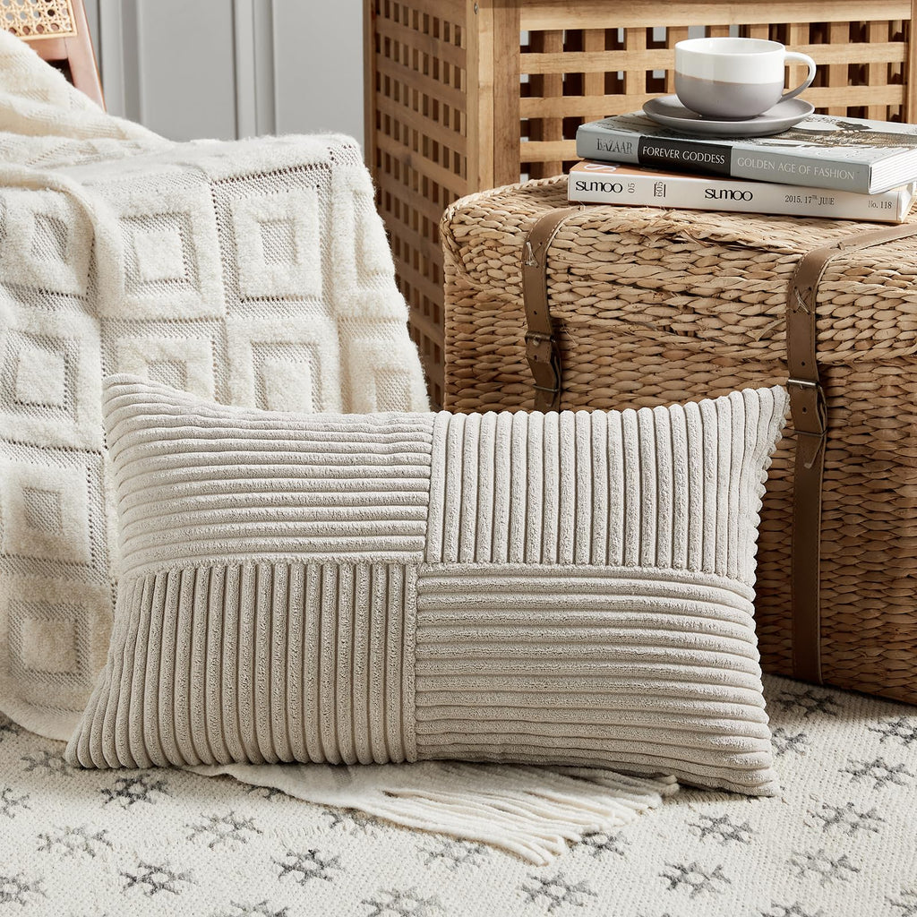 Fancy Homi Blush Pink Lumbar Decorative Throw Pillow Covers 12x20 Inch for Living Room Couch Bed, Rustic Farmhouse Boho Home Decor, Soft Striped Corduroy Rectangle Accent Cushion Case 30x50 cm