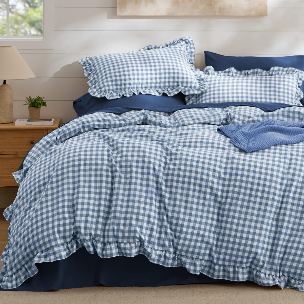 Bedsure Gingham Ruffle Duvet Cover Set, Queen, Cotton-Like Bed, Olive Green