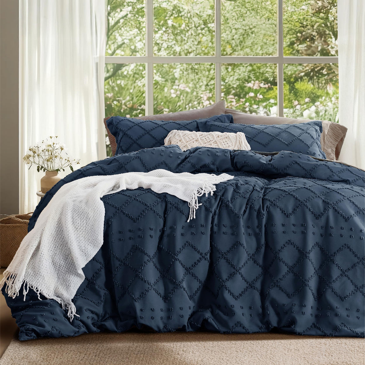 Bedsure White Boho Duvet Cover Queen, Soft Vintage Embroidery