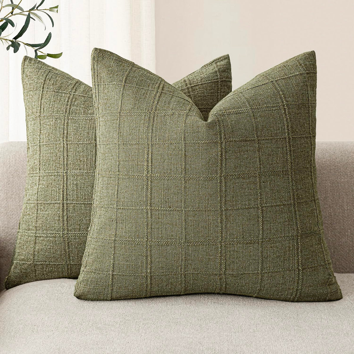 Foindtower Boho Linen Check Decorative Throw Pillow Cover 18×18 Olive Green