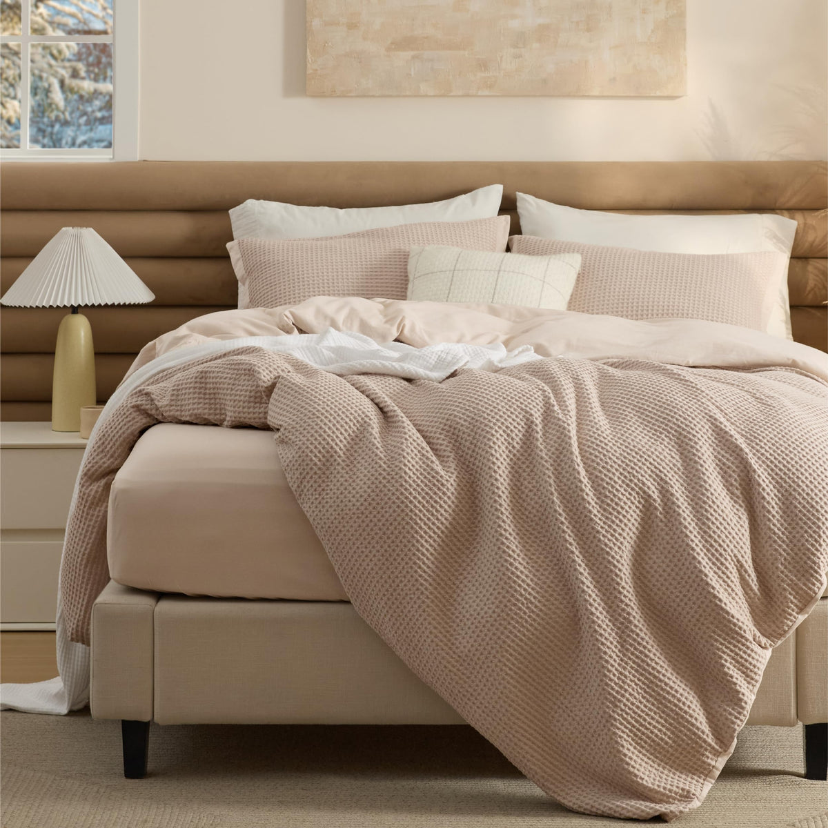 Bedsure PureWoven 3 Pieces 100% Cotton Waffle Duvet Cover Set, King, Linen