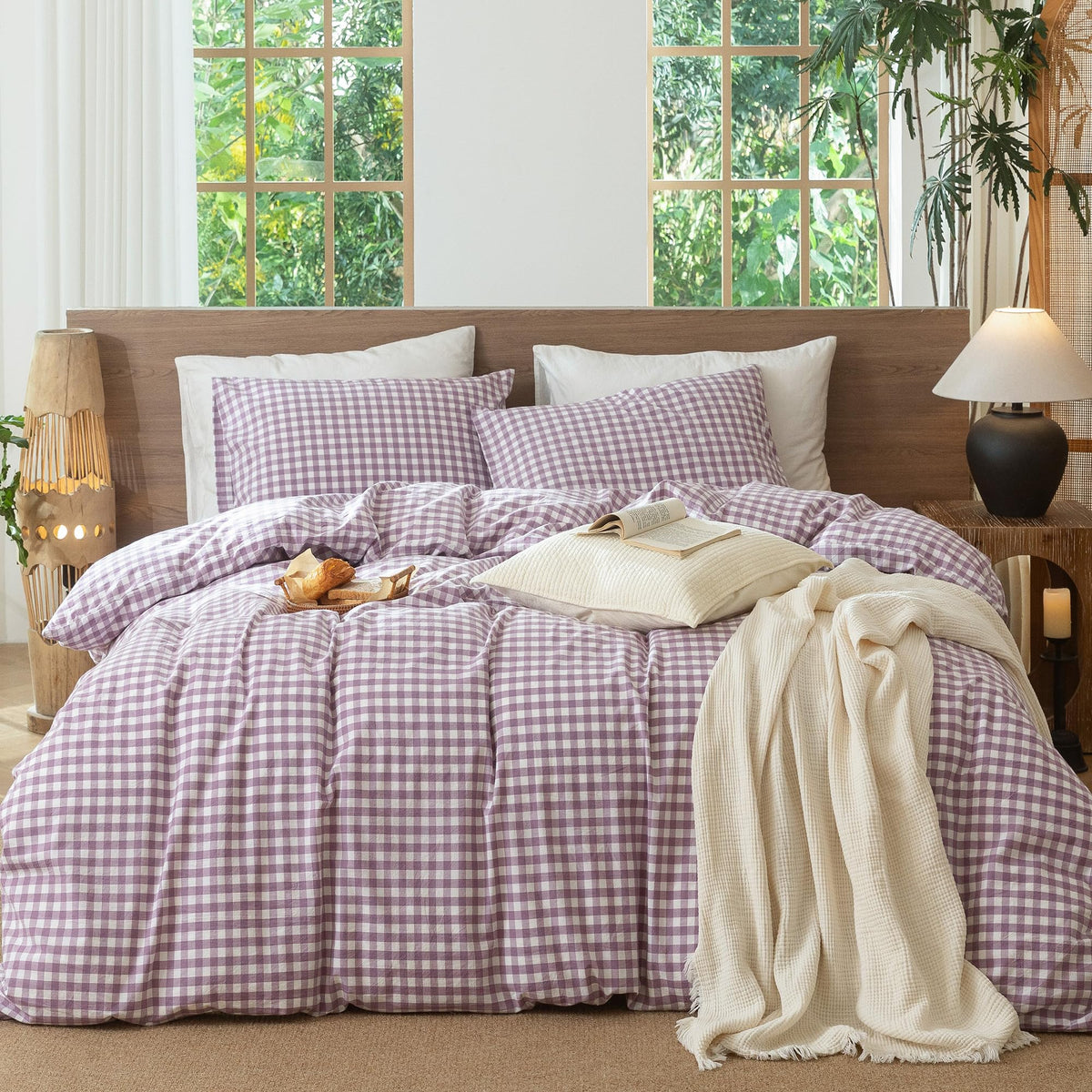 MooMee Gingham Duvet Cover Set 100% Washed Cotton Linen Like King