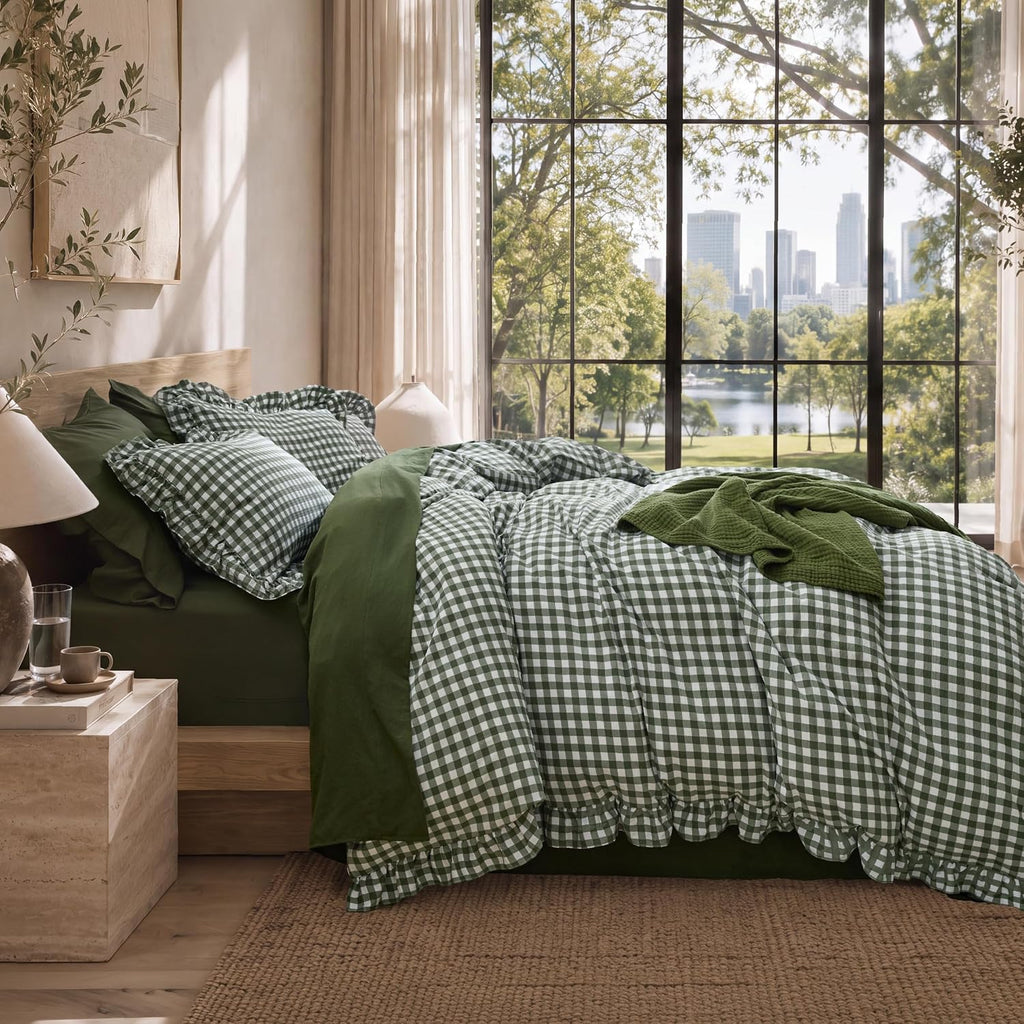 Bedsure Gingham Ruffle Duvet Cover Set, Queen, Cotton-Like Bed, Olive Green