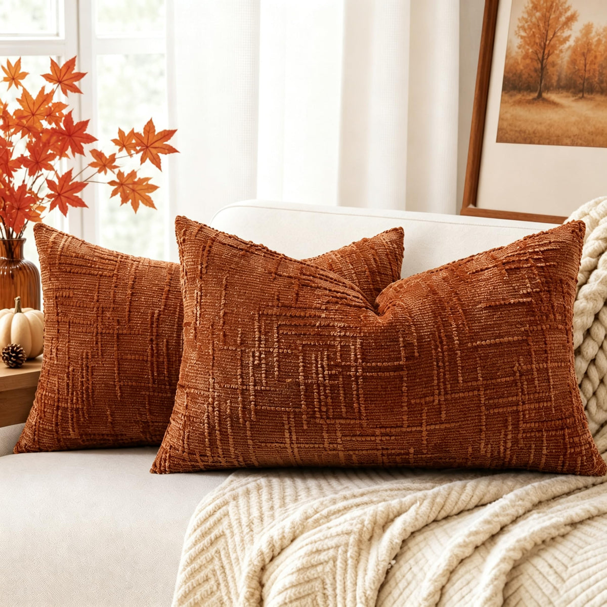 decorUhome Textured Chenille Throw Pillow Covers 18x18 Set of 2 Rust